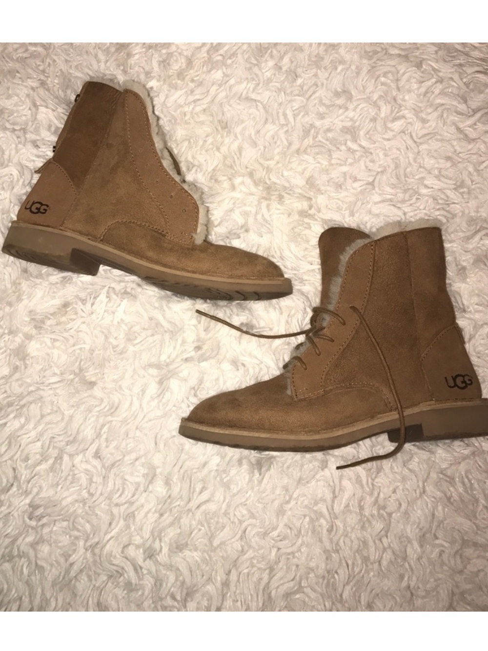 UGG Tan Suede Lace-Up Shearling Ankle Boots